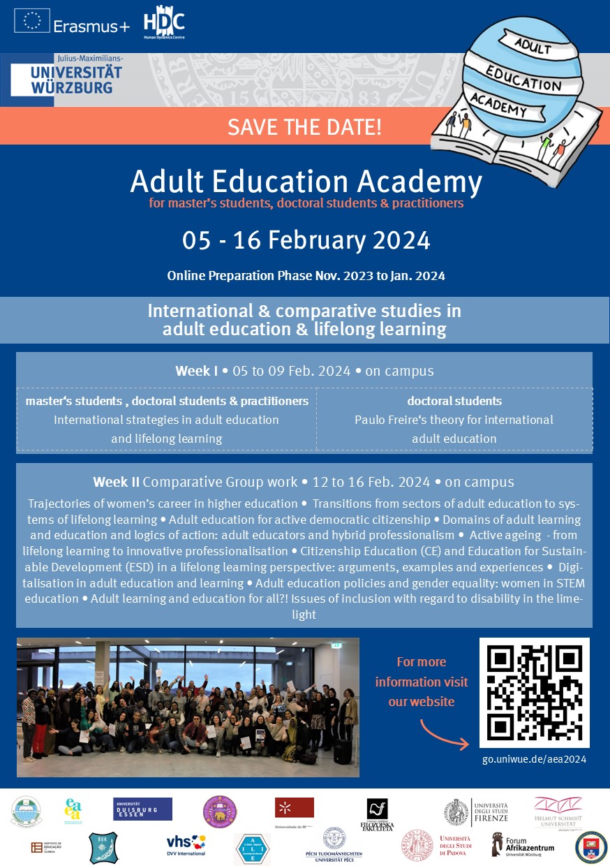 Safe the Date Announcement for the Adult Education Academy 2024: The Academy takes place from the fifth to the sixteenth of February 2024: 5-16 February 2024